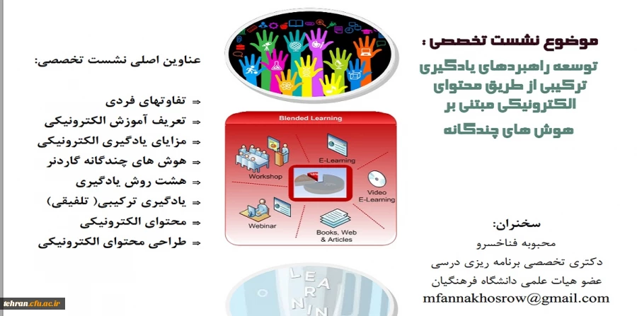 سلسله نشست ها ی علمی تخصصی گروه فناوری ارتباطات و اطلاعات استان تهران 

سخنرانی دکتر محبوبه فناخسرو با موضوع توسعه راهبردهای یادگیری  ترکیبی  از طریق  محتوای الکترونیکی 2