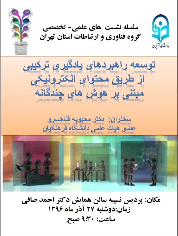 سلسله نشست ها ی علمی تخصصی گروه فناوری ارتباطات و اطلاعات استان تهران 

سخنرانی دکتر محبوبه فناخسرو با موضوع توسعه راهبردهای یادگیری  ترکیبی  از طریق  محتوای الکترونیکی 2
